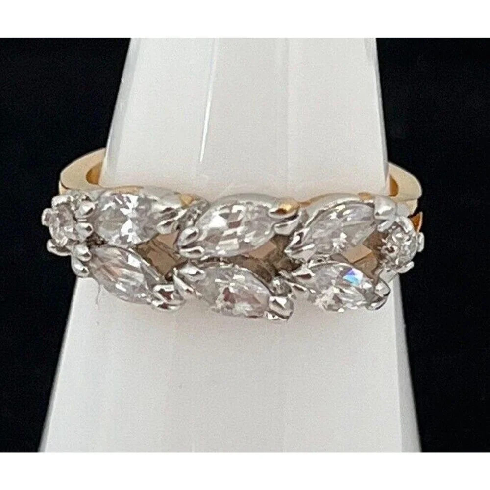 Vintage 1970s Ring Size 9 CZ Marquise Cluster Gold Plated Band - 14Q